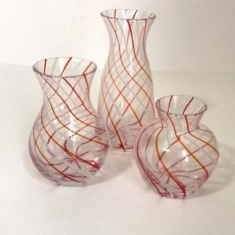 Williams Sonoma Candy Cane Stripe Blown Glass Bud Vases Set of 3